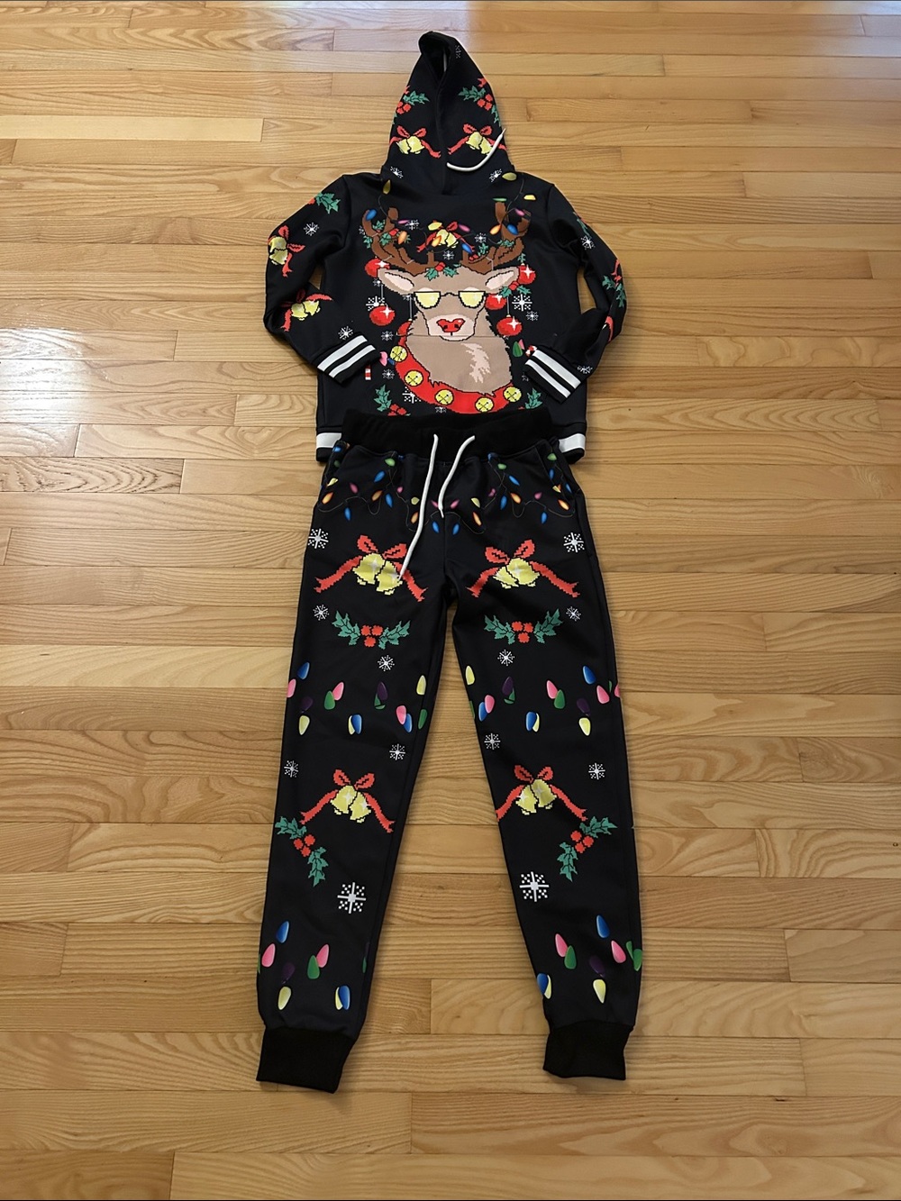 Kids Black Holiday Reindeer Hoodie & Jogger Matching Set